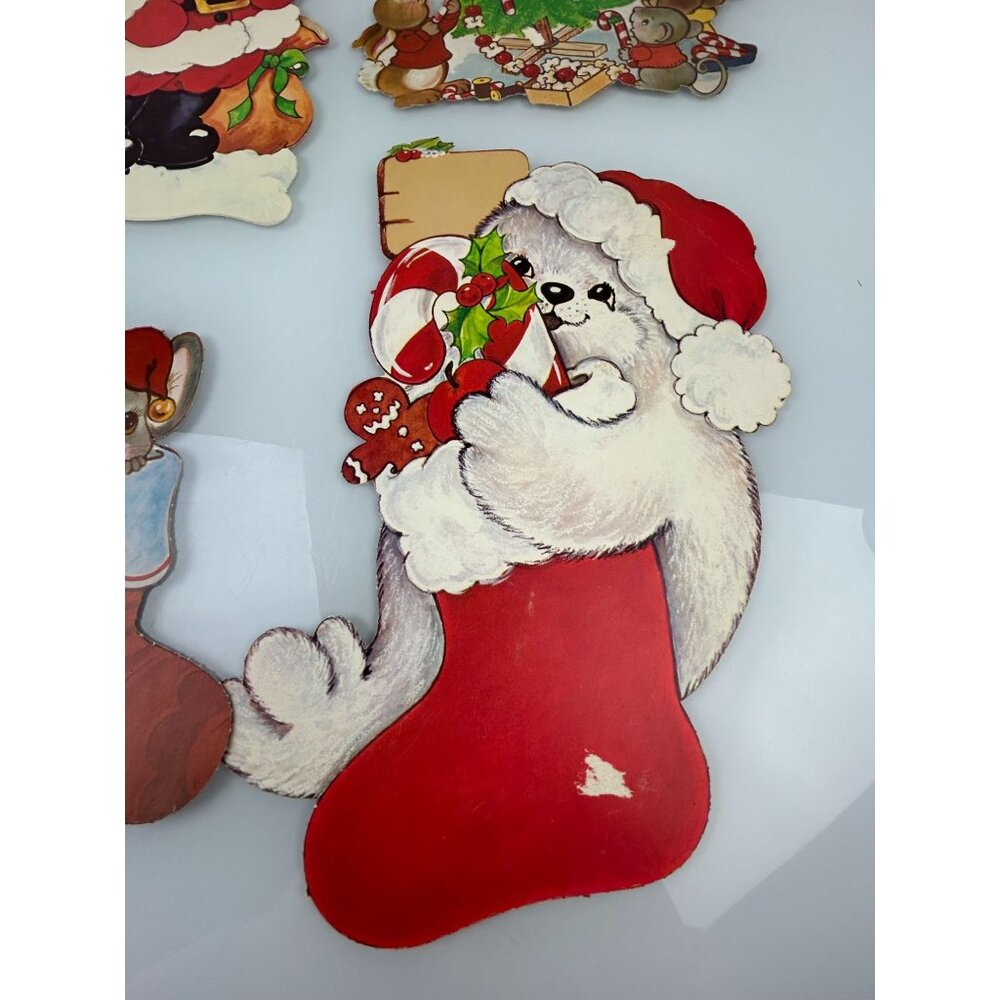 Vintage Christmas Red Velvet Accented Paper Cutout Decoration Mouse Elf Raccoon - Picture 14 of 16